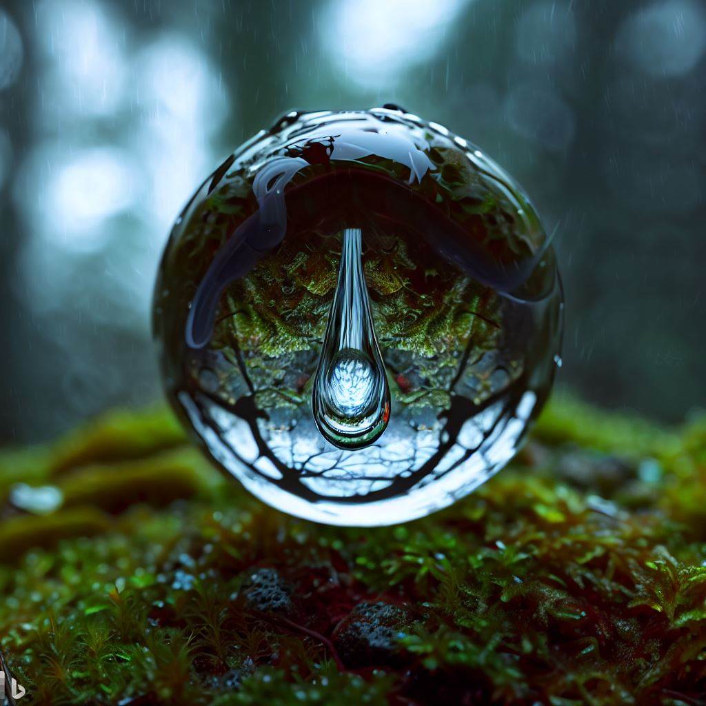 a raindrop in the centre of a toy globe that is sitting on the mossy floor of a rainforest. the raindrop contains a mysterious - fulminant jubilant recursion- 3d non-figurative.jpg